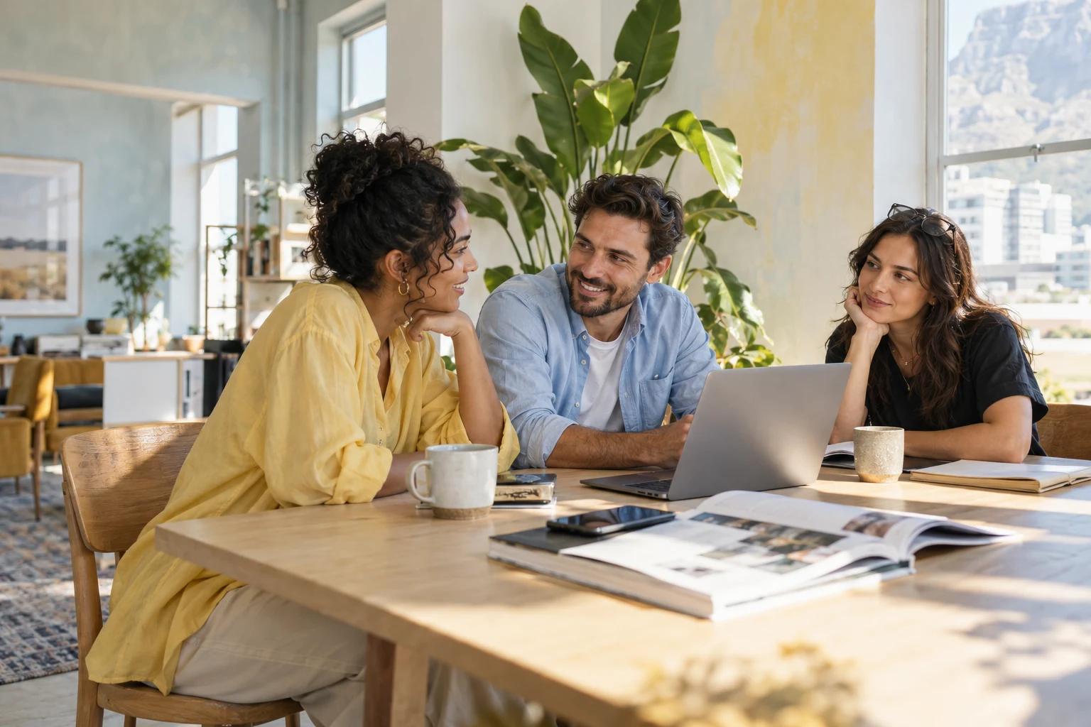 Illustrative scene of creative professionals sharing ideas in a sunlit Cape Town workspace